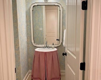 Self adhesive Sink skirt | Shelves Skirt Decor | Ticking Stripe and Scallop and double border Pattern Vanity skirt | Table skirt