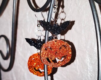 Pumpkin and Bat Dangle Earrings