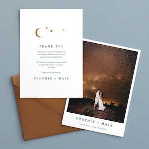 Modelo de cartão de agradecimento com foto editável para casamento celestial - Cartão Polaroid com estrelas e lua com retrato de casal - Download instantâneo