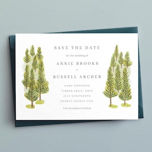 Editable Save The Date Card Template for Summer Camp Wedding with Pine Forest Illustrations for Outdoor Adventure Wedding - Instant Download