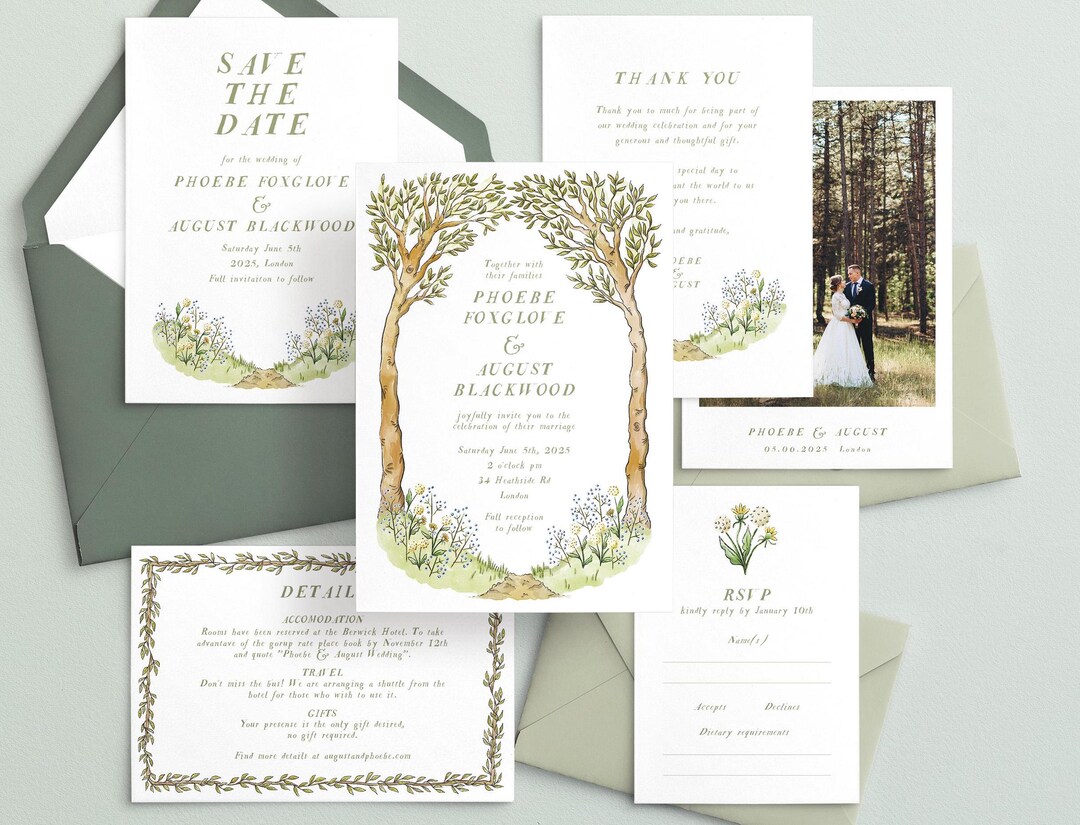 Editable Wedding Invitation Template With Hand Drawn Rustic Forest for  Outdoor, Boho Wedding With Charming Woodland Trees - Instant Download - Etsy, image size:1080x825