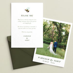 Modèle de carte de remerciement modifiable avec photo de couple - carte de correspondance de fleurs sauvages pour printemps, été, jardin, mariage à la campagne - téléchargement immédiat