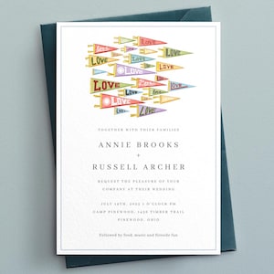 Editable Invitation Template for Summer Camp Wedding with Vintage Pennant Flag Illustrations for Sports Adventure Wedding - Instant Download