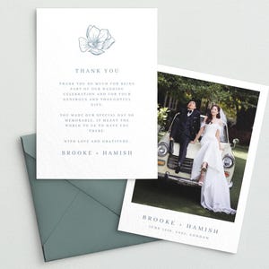 Modèle de carte de remerciement avec photo - carte de correspondance classique de portrait de couple pour mariage formel - floral personnalisable - téléchargement immédiat