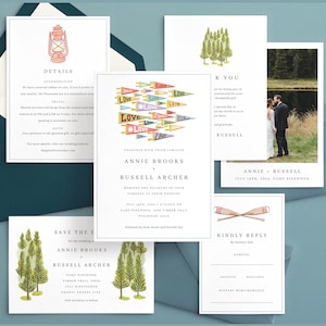 Editable Invitation Template for Summer Camp Wedding with Forest and Vintage Camping Illustrations for Adventure Wedding - Instant Download