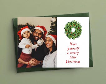 Editable Christmas Photo Card Template for Holiday Photo Greeting Card with Wreath - Family Portrait Christmas Card - Instant Download