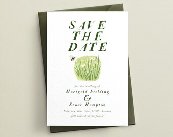 May include: A white wedding invitation with green text that reads "SAVE THE DATE". The invitation includes the names Marigold Fielding & Scout Hampton, and the date Saturday June 5th, 2025. A watercolor illustration of a bee and wildflowers is also included.