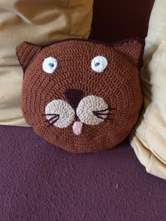 Hand crochet large brown cat pillow for kids