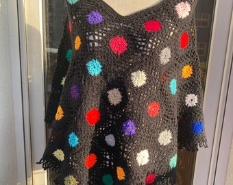 Hand crocheted colorful floral poncho