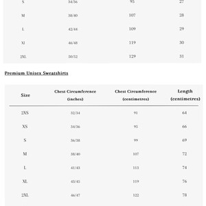 Pode incluir: Tabela de tamanhos para sweatshirts unissexo padr&atilde;o e premium. Mostra a circunfer&ecirc;ncia do peito em polegadas e cent&iacute;metros, e o comprimento em polegadas e cent&iacute;metros, com tamanhos de 2XS a 5XL, para medidas precisas.