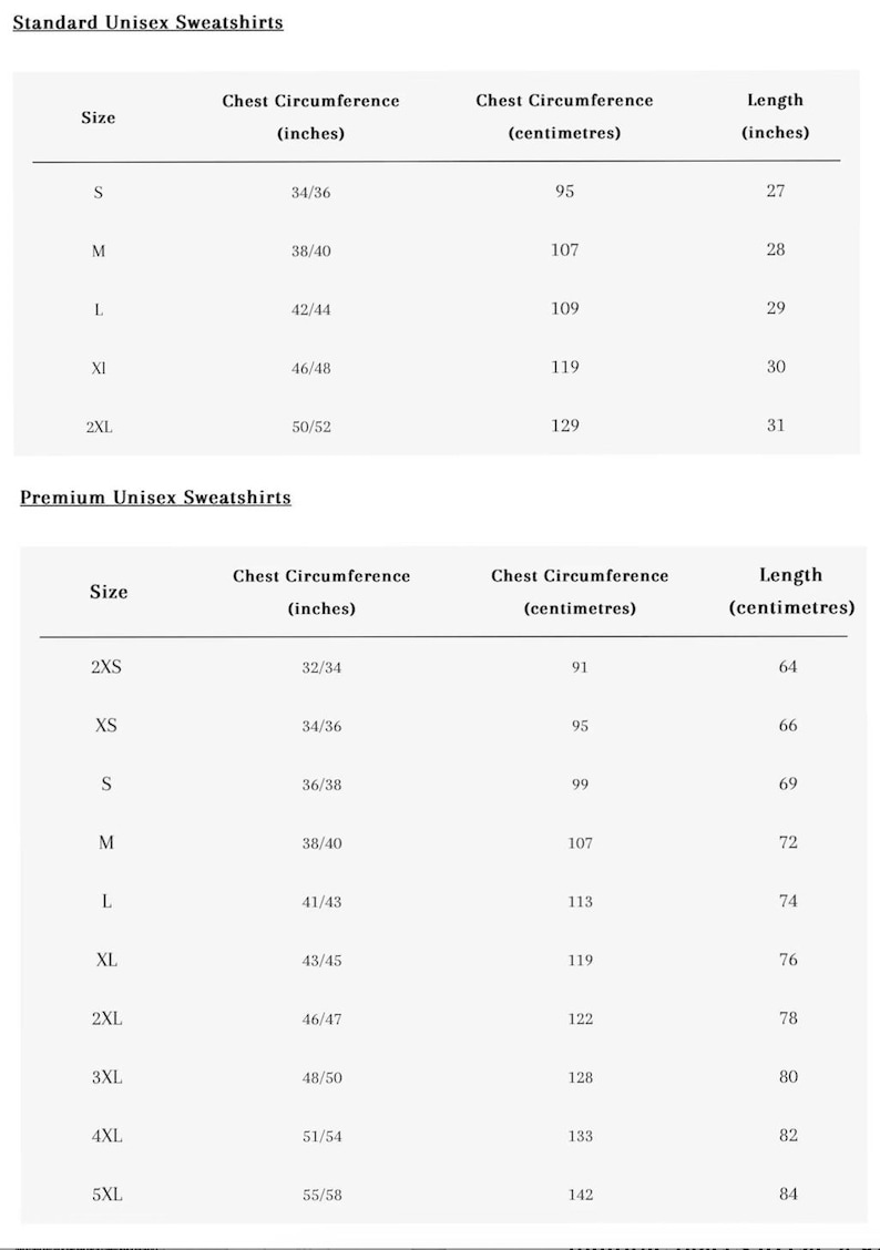 Pode incluir: Tabela de tamanhos para sweatshirts unissexo padr&atilde;o e premium. Mostra a circunfer&ecirc;ncia do peito em polegadas e cent&iacute;metros, e o comprimento em polegadas e cent&iacute;metros, com tamanhos de 2XS a 5XL, para medidas precisas.