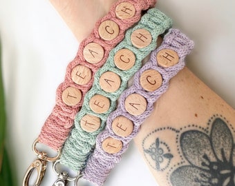 Teacher Wristlet Keychain Beaded, Macrame Key Ring, Boho Teacher Lanyard, End of Year Teacher Gift, Last Day of School, Teacher Appreciation