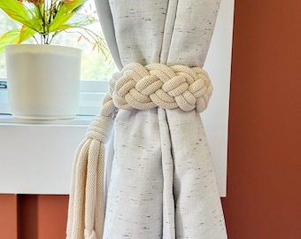 Macrame Curtain Tiebacks: Braided Recycled Cotton, Farmhouse Decor