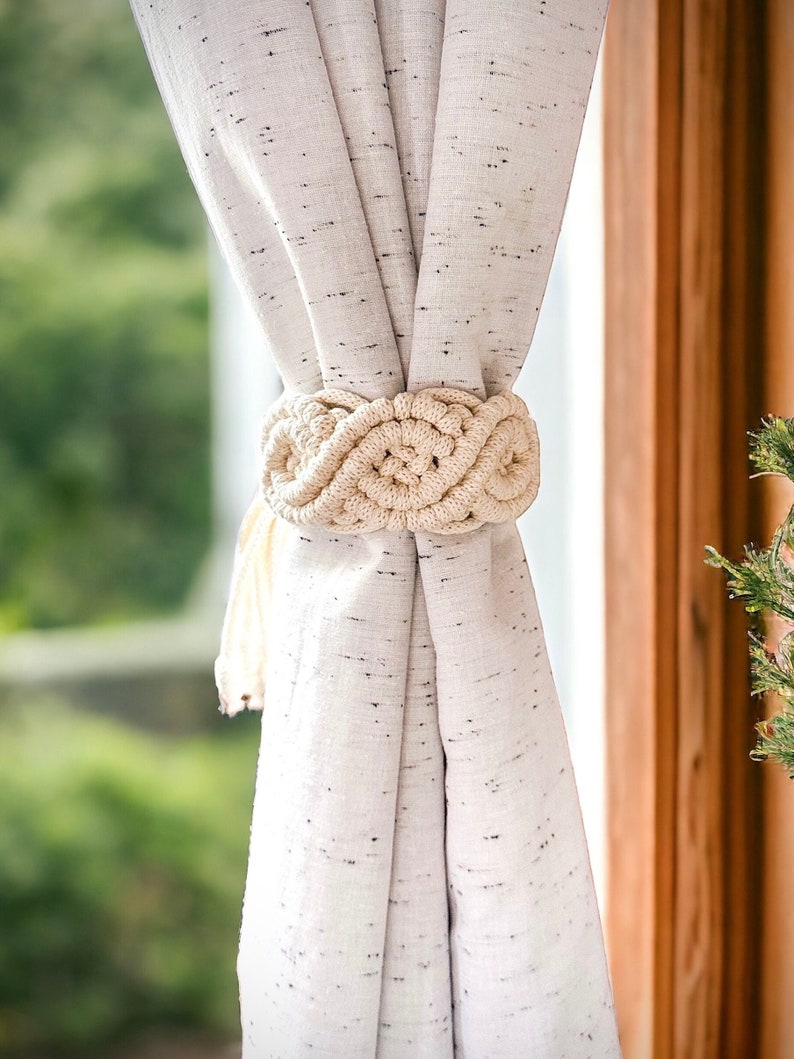 Macrame Curtain Tie Backs, Drapery Holdbacks, Farmhouse Boho Décor, Tassel Tiebacks, Eco Friendly Home Goods, Housewarming Gift, Room Decor image 2