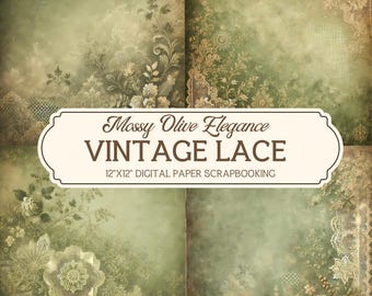 Vintage Lace Digital Paper: Mossy Olive Scrapbook Background (Digital Download)