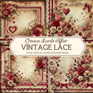 12x12"Vintage Valentinstag Scrapbook Papier, Crimson Scarlet, Digitale Spitze Scrapbook Papier, Spitze Scrapbooking, Junk Journal Kit, Ephemera