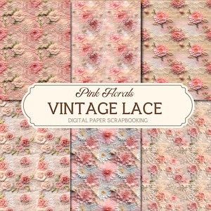 A4 Vintage Lace Digital Paper Printable, Pink Florals, Victorian, Lace Scrapbook Paper, Scrapbooking, Lace Junk Journal Kit, Lace Background