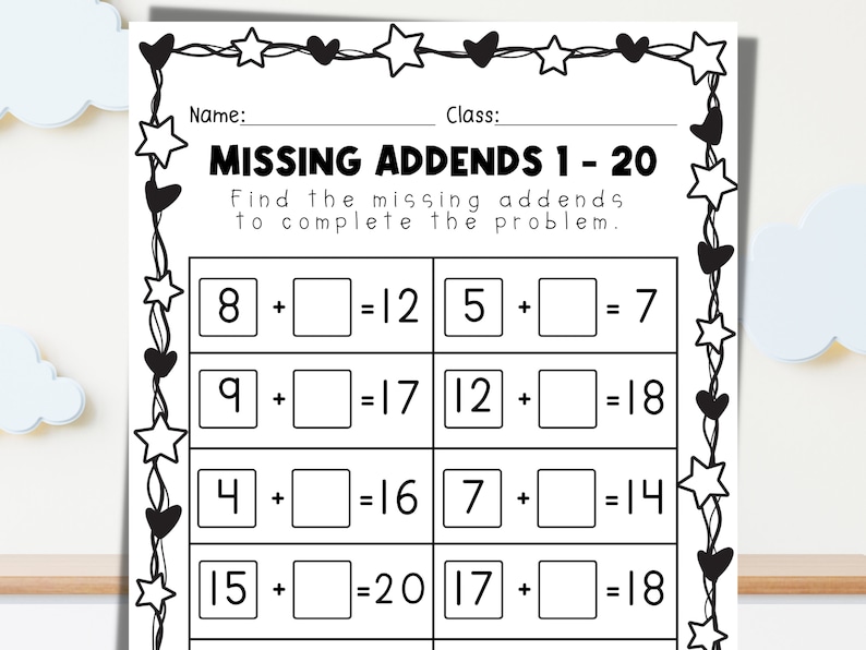 25 Printable Missing Addends 1 - 20 Practice Worksheet, Math Numbers ...