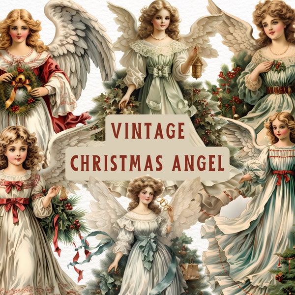 10 Christmas Angel Clipart PNG Bundle, Vintage Christmas Angel, Retro Ephemera, Digital Download, For Commercial Use