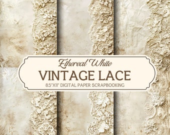 8.5x11&quot; Vintage Lace Digital Paper Printable, Ethereal White Floral, Lace Scrapbook, Scrapbooking, Lace Background, Lace Antique Background