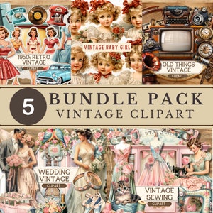 5 Bundle Pack, Vintage PNG Clipart Bundle, Retro, Vintage Ephemera, Scrapbooking, Junk Journal Kits, Clipart for Journal, Commercial Use