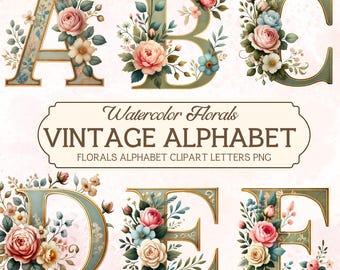 Vintage Floral Watercolor Alphabet Clipart: PNG Letters (Digital Download)