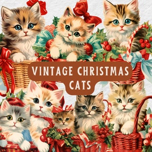 15 Christmas Cat Clipart Retro, PNG Bundle, Cute Kitten Basket, Vintage Christmas Clipart, Digital Crafts, Digital Download, Commercial Use