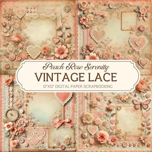 12 x 12" vintage plakboekpapier, Peach Rose Serenity, digitale Lace Florals plakboekpapier, kant scrapbooking, Junk Journal Kit, kortstondige