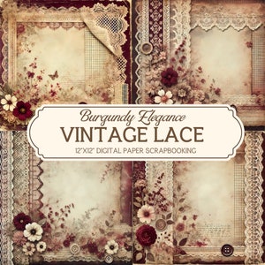 12x12" carta digitale pizzo vintage stampabile, eleganza bordeaux, carta per album in pizzo, scrapbooking, kit diario spazzatura in pizzo, sfondo in pizzo