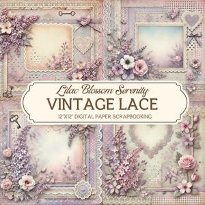 12 x 12" vintage plakboek, lila bloesem sereniteit, paarse digitale kanten bloemen plakboek, plakboek kant, scrapbooking, junk Journal Kit