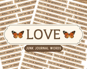 Frases de amor imprimibles, palabras vintage para diarios creativos, sentimientos románticos sobre relaciones, tiras de palabras para álbumes de recortes de bodas, etiquetas