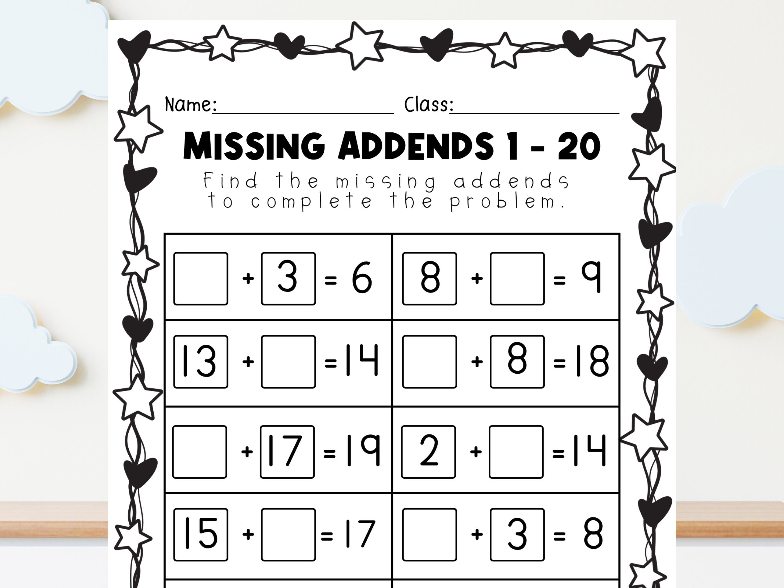 Addends Math Practice Missing Addends 1-20 Worksheet: Math Practice (digital Download) - Etsy