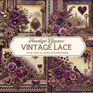 12x12"Vintage Scrapbook Papier, Lila Amethyst Eleganz, Digitale Spitze Florals Scrapbook Papier, Lace Scrapbooking, Junk Journal Kit