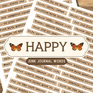 Happy Phrases, Junk Journal Words, Motivational, Ephemera, Digital Words, Positive, Embellishments, Junk Journal Kit, Sentiments, Printable