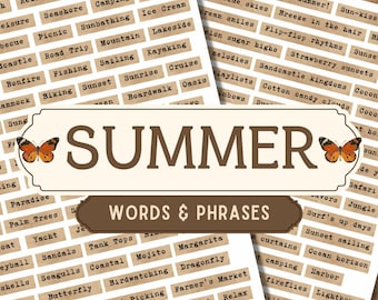 Printable Summer Quotes, Vintage Beach Junk Journal Ephemera, Vacation Travel Sentiments, Tropical Scrapbooking Word Strips, Labels, DIY