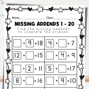 25 Printable Missing Addends 1 - 20 Practice Worksheet, Math Numbers ...