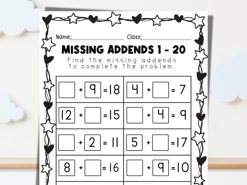 Missing Addends 1-20 Worksheet: Math Practice (digital Download) - Etsy
