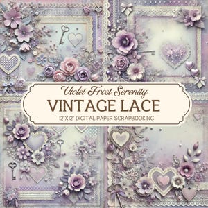 12 x 12" vintage plakboek, paars violette vorst sereniteit, digitale kant bloemen plakboek, kant scrapbooking, junk Journal Kit