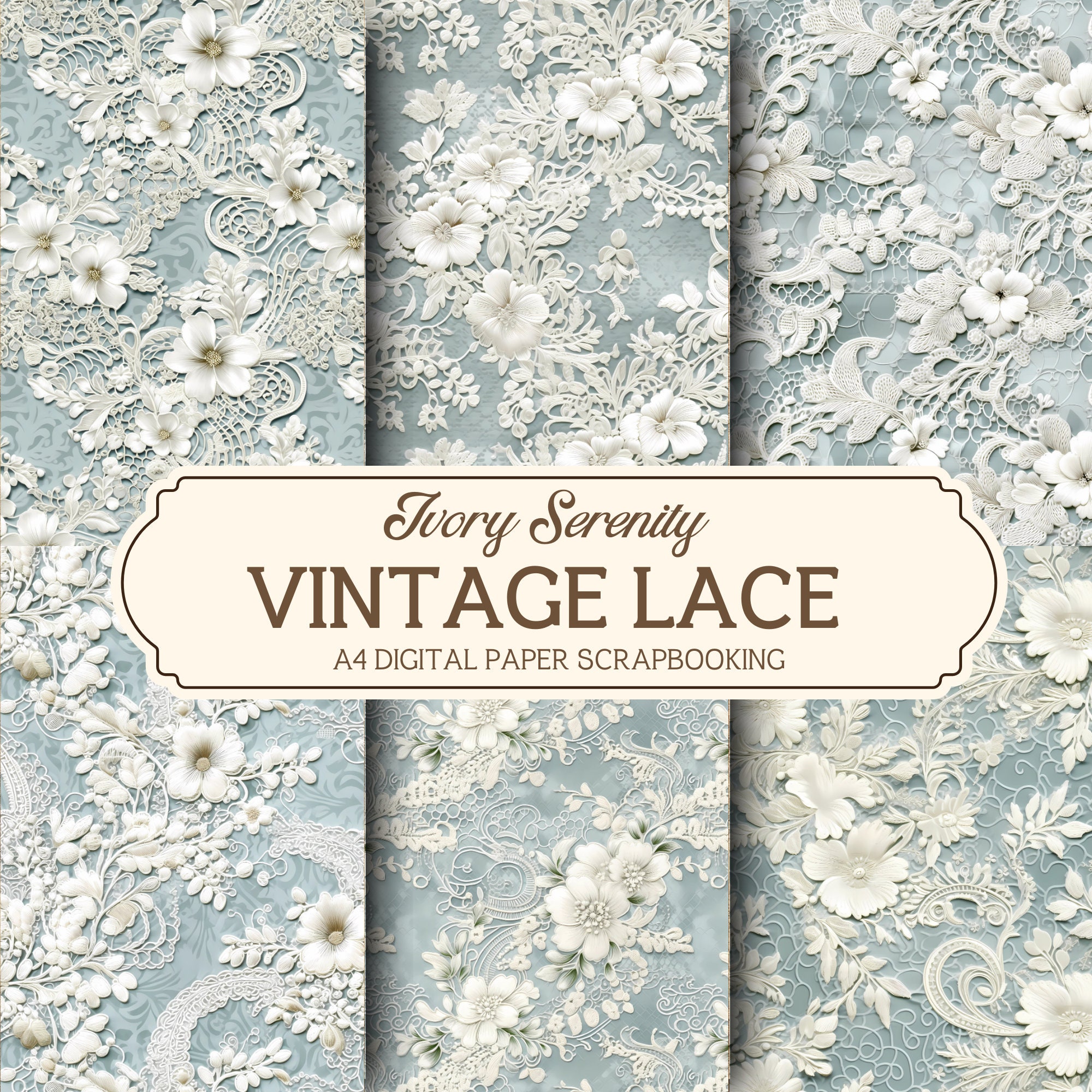 A4 Vintage Lace Digital Paper Printable, Ivory Serenity Floral, Lace Scrapbook Paper, Scrapbooking, Lace Junk Journal Kit, Lace Background
