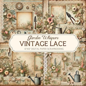 Papel de álbum de recortes vintage de 12 x 12 pulgadas con motivos de jardinería, susurros de jardín, jardinero imprimible, encaje floral, encaje digital, álbum de recortes, kit de diario basura