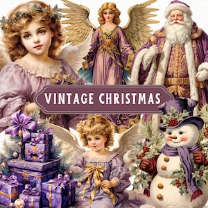 20 paarse kerst clipart bundel PNG, Santa, engelen, vintage retro, digitale download, voor commercieel gebruik