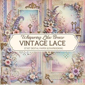 12 x 12" vintage plakboek, fluisterend lila briesje, digitale kant bloemen plakboek, kant scrapbooking, junk Journal Kit