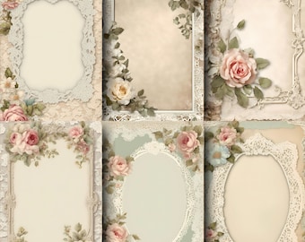 Vintage Lace Frame Digital Paper, Shabby Chic Scrapbook Pockets, Victorian Ephemera Border, Junk Journal Die Cuts, Botanical Floral Labels