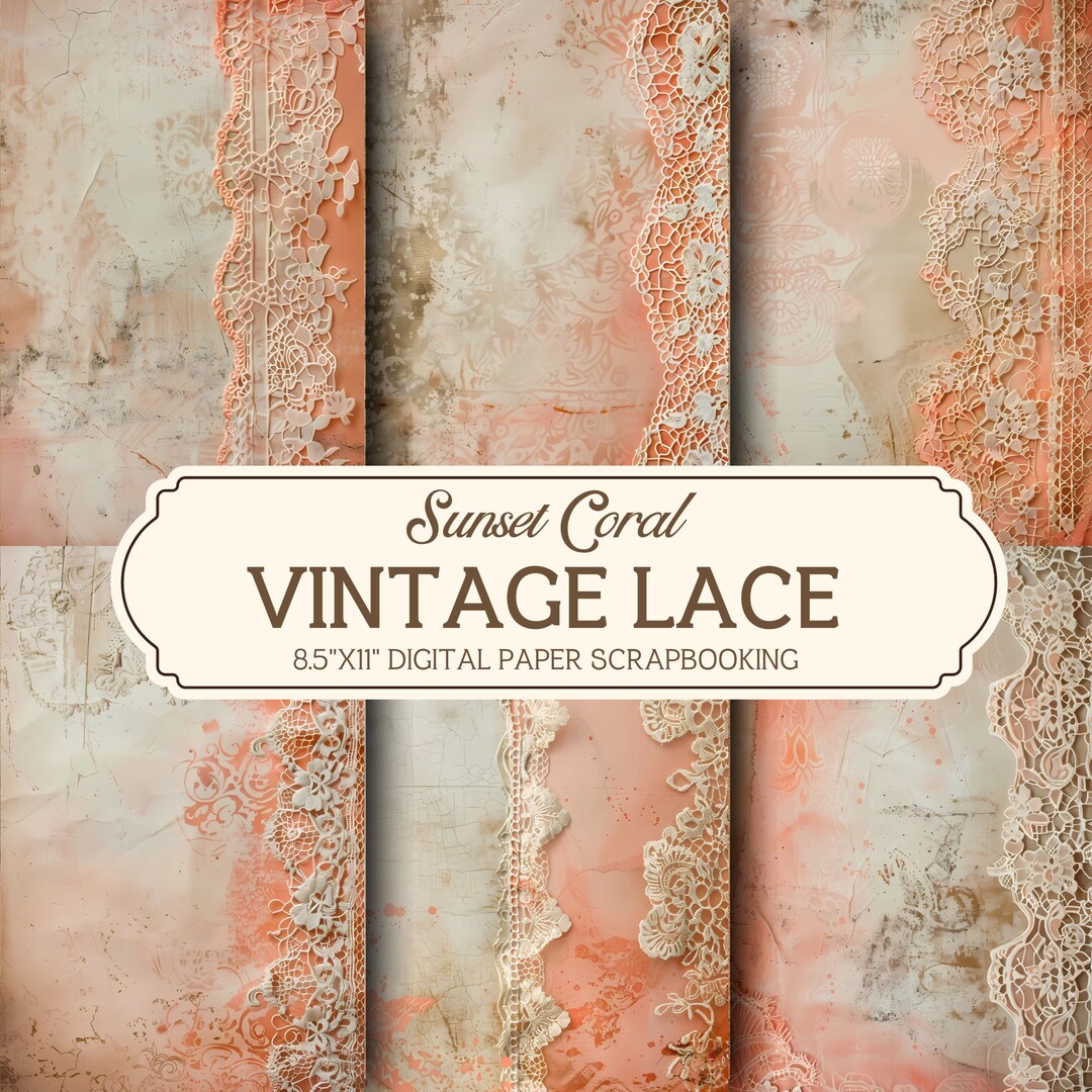 Vintage Lace Digital Paper: Sunset Coral Floral Scrapbook (8.5x11 ...