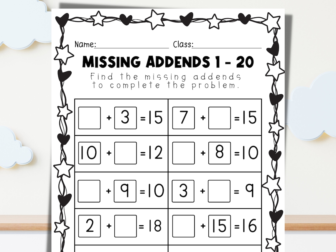 25 Printable Missing Addends 1 - 20 Practice Worksheet, Math Numbers ...
