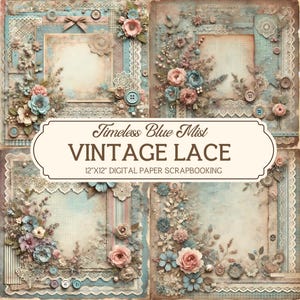 Papier de scrapbooking vintage 12 x 12", brume bleue intemporelle, papier de scrapbooking floral dentelle numérique, dentelle de scrapbooking, kit de journal indésirable, éphémères