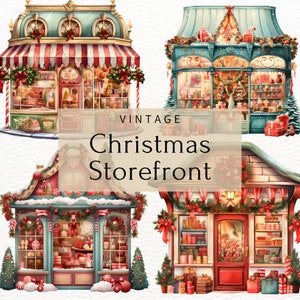 Christmas Storefront Clipart Bundle, 10 PNG, Watercolor Christmas Shop, Vintage Style, Digital Download, For Commercial Use