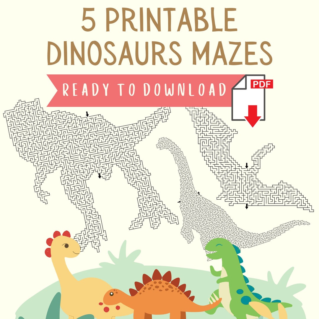 5 Printable Pdfs Dinosaur Mazes Game Vol. 1 for Kids, Teens or Adults ...
