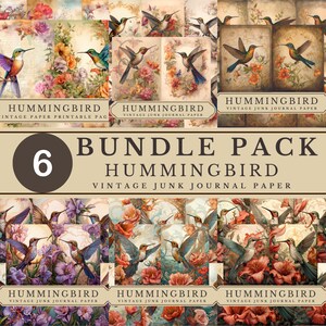 6 Bundle Pack, Hummingbird Junk Journal Paper, Junk Journal Page, Scrapbook Paper, Vintage Watercolor, Ephemera, Scrapbooking, Ephemera