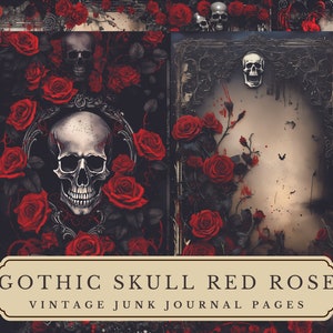 10 JPEG - 20 Pictures Gothic Skull with Red Roses Vintage Paper Junk Journal Pages Printable, Digital Scrapbook Paper - Instant Download